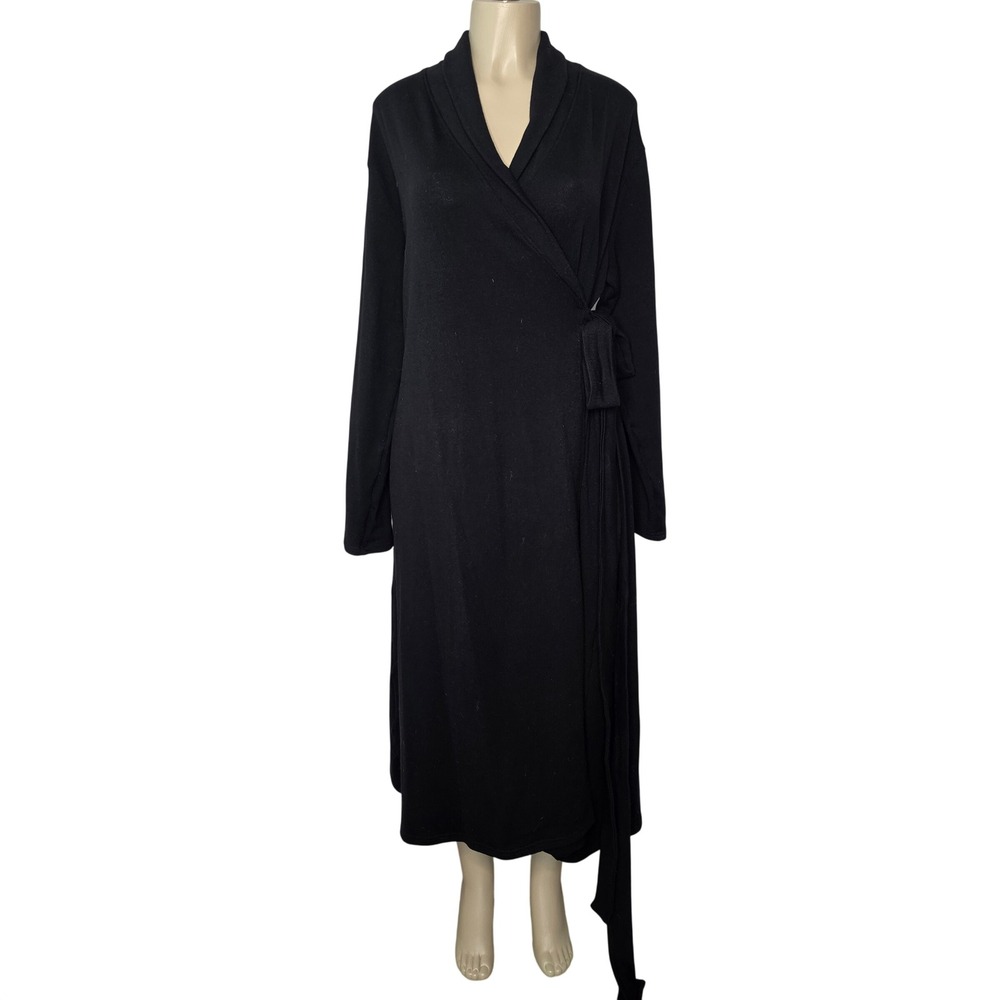 Fraktura Wrap Dress Women XL Black Knit Shawl Collar Long Sleeve Midi Tie Waist